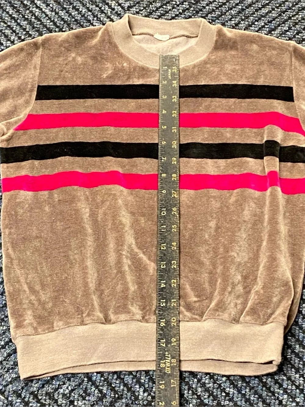 Retro Velour Sweatshirt Brown Kids Youth L-XL 70s/80s Pink/Black Stripes Crew